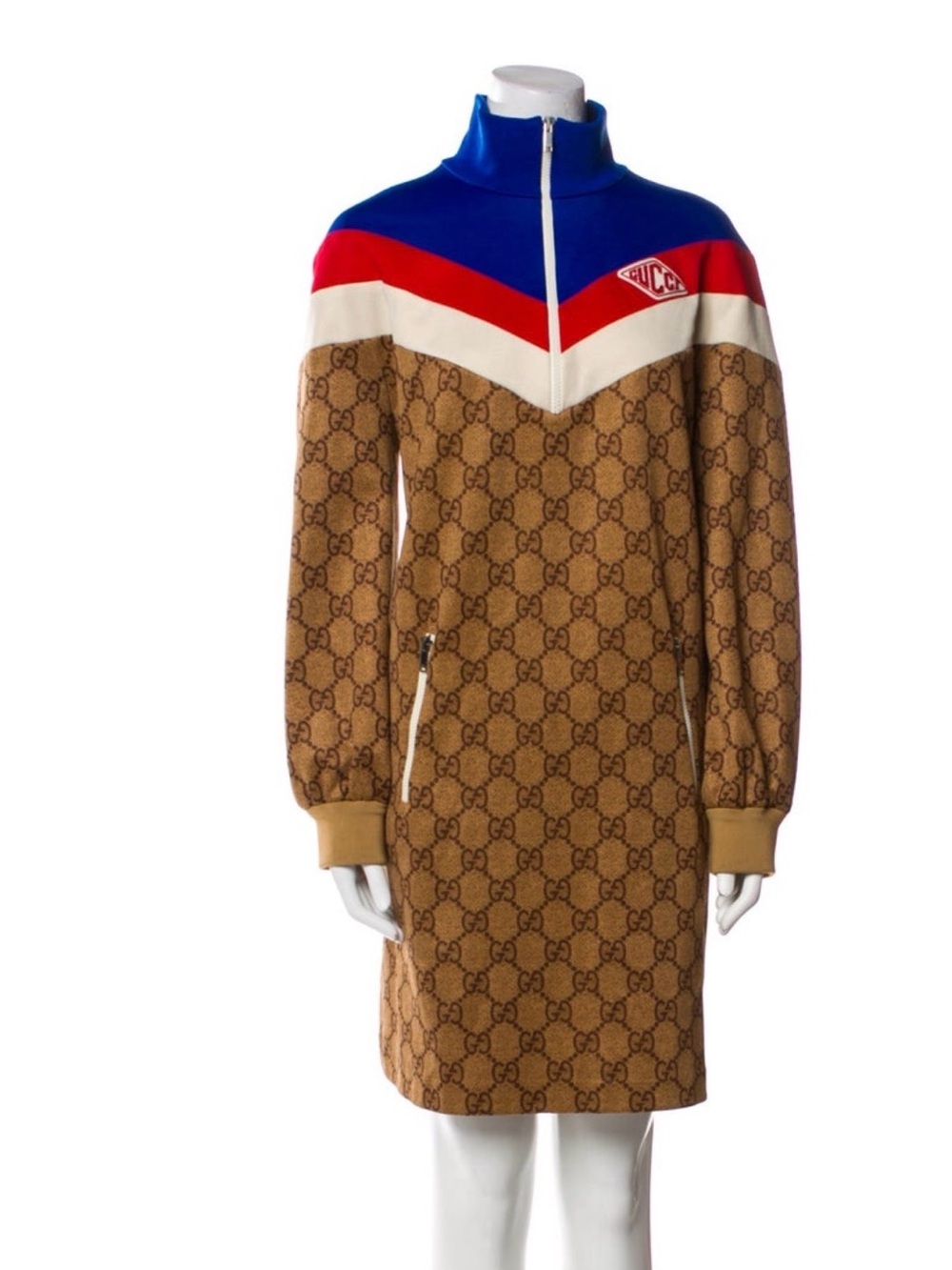 Gucci Brown GG Monogram mid dress with Blue, Red and Cream Stripes